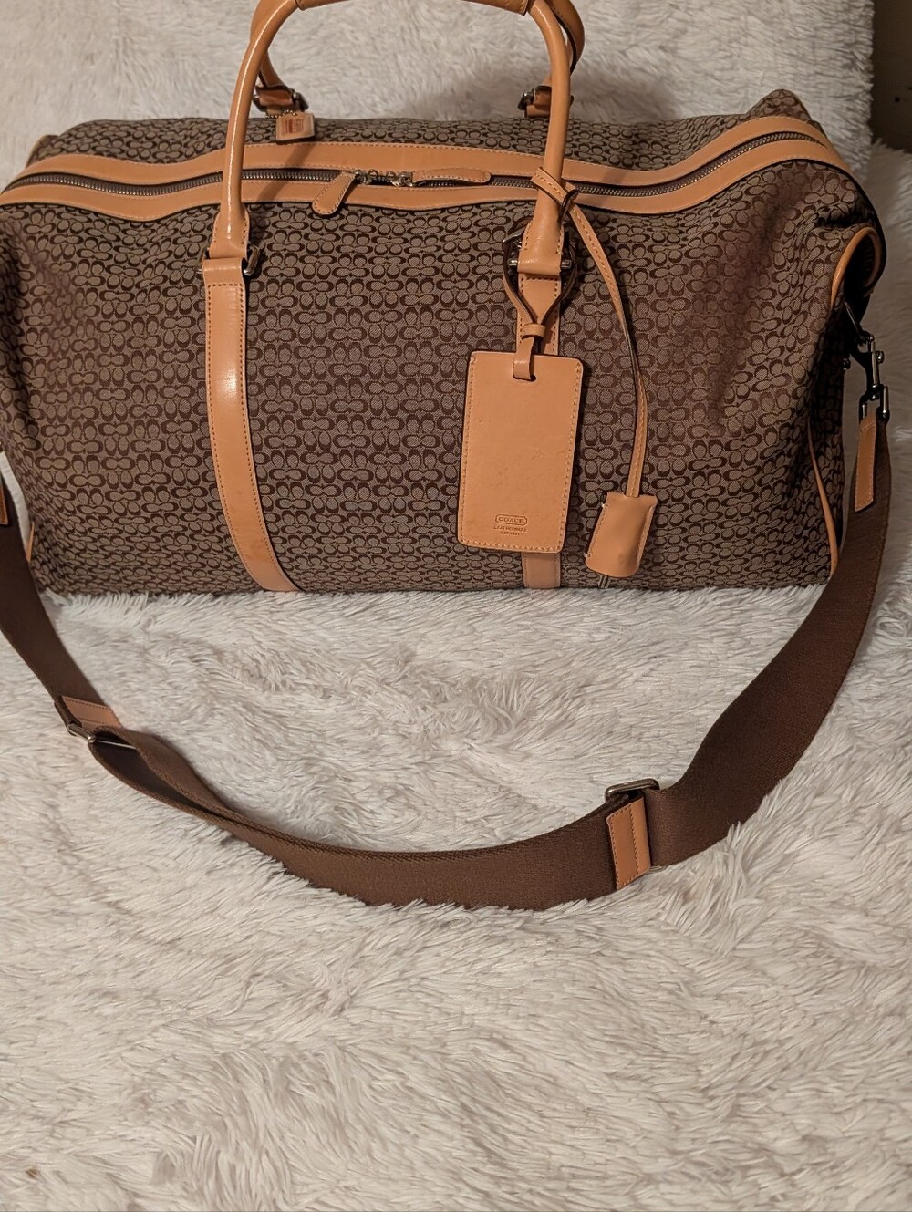 Coach TransAtlantic Travel Signature Canvas Leather Duffel Bag 77013 Tan GUC